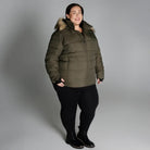 Olive green puffer jacket with fur trim from Snow Country Outerwear for plus size women