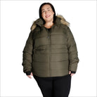 Olive green puffer jacket with fur-trimmed hood from Snow Country Outerwear Luna collection