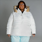White puffer jacket with fur-trimmed hood from Snow Country Outerwear Women’s Plus Size Ski Coat