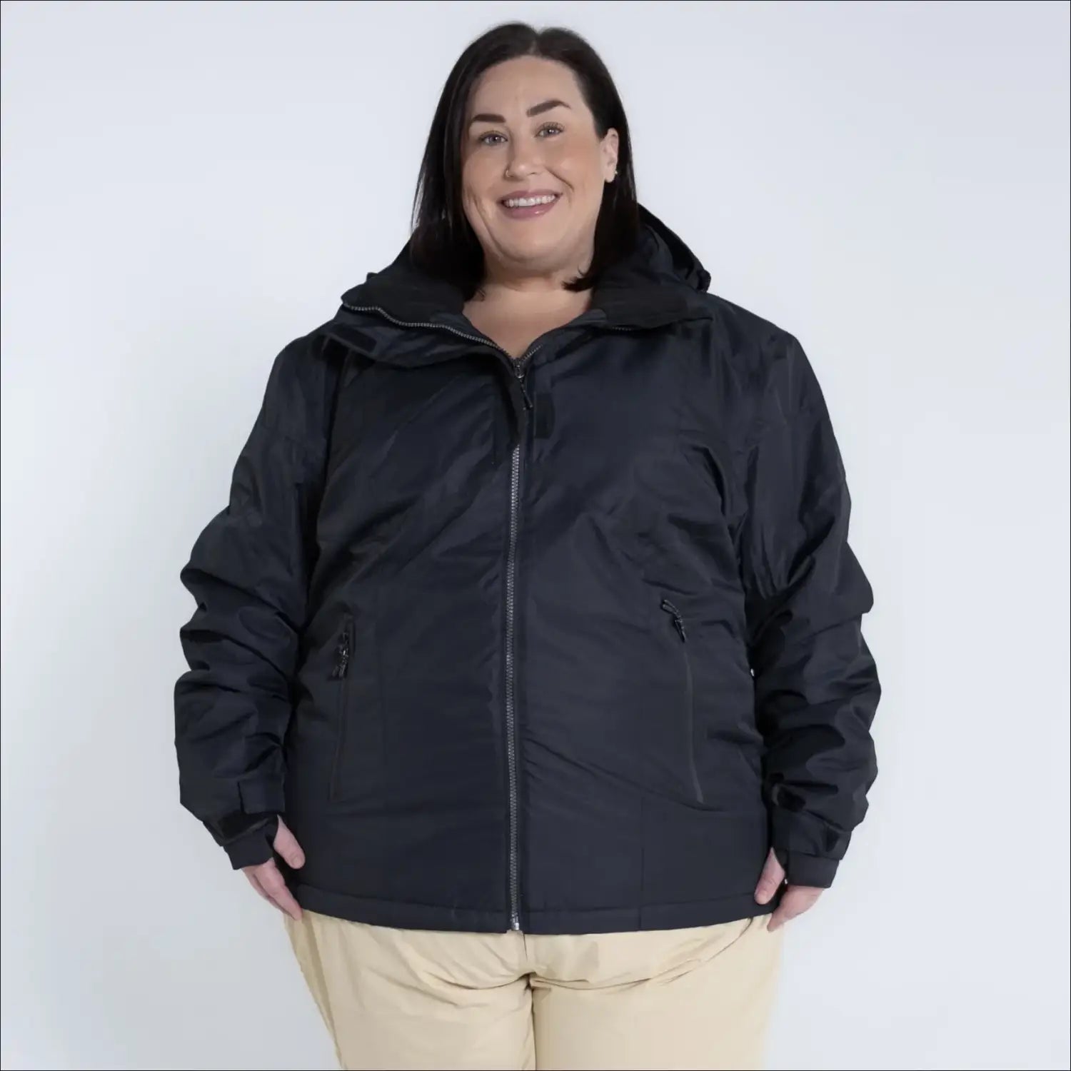Black hooded puffer jacket from Snow Country Outerwear Women’s Plus Size Ski Coat