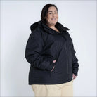 Black hooded winter jacket from Snow Country Outerwear Women’s Plus Size Ski Coat collection