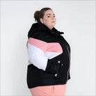 Black pink and white hooded insulated winter ski jacket for women in plus sizes