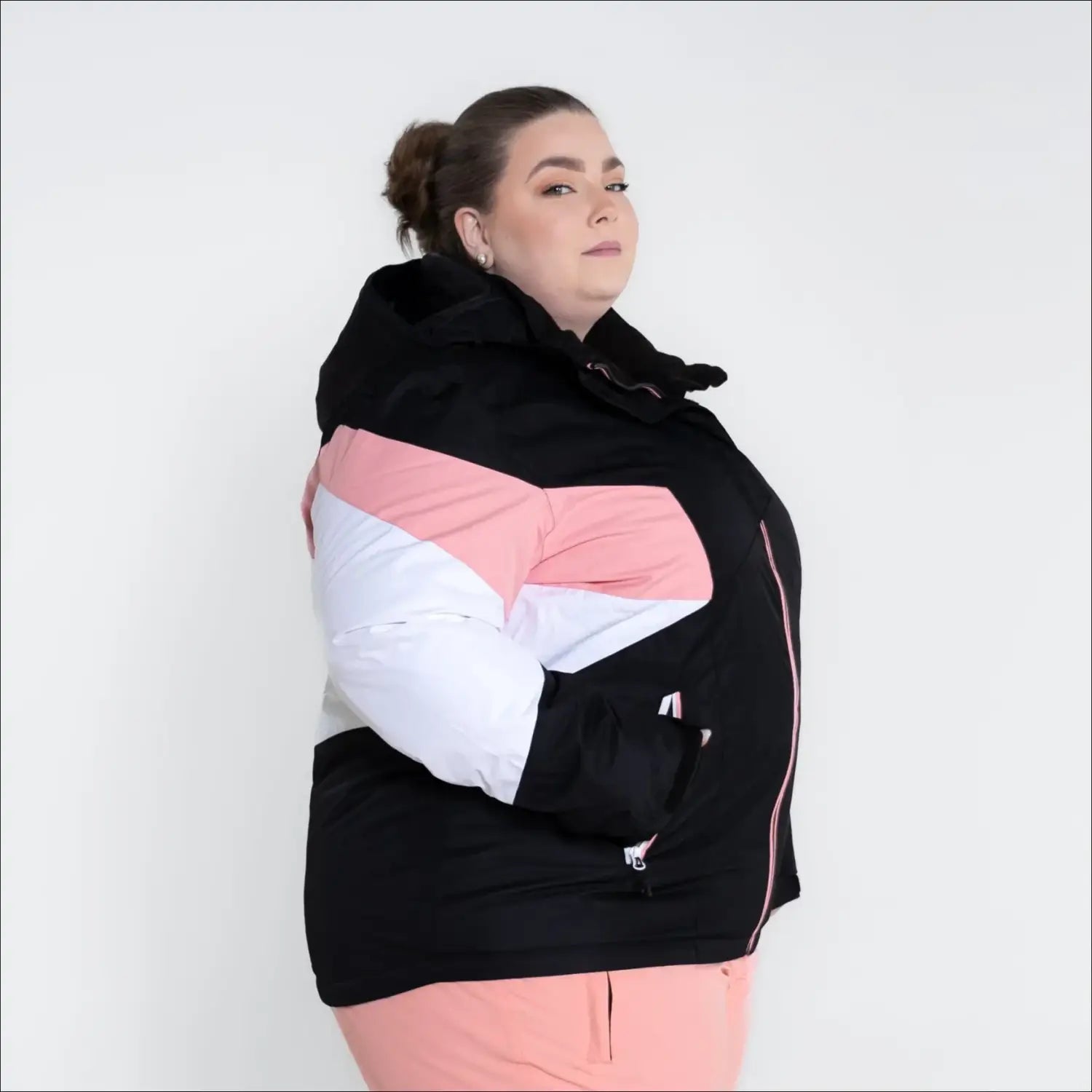 Black pink and white hooded insulated winter ski jacket for women in plus sizes