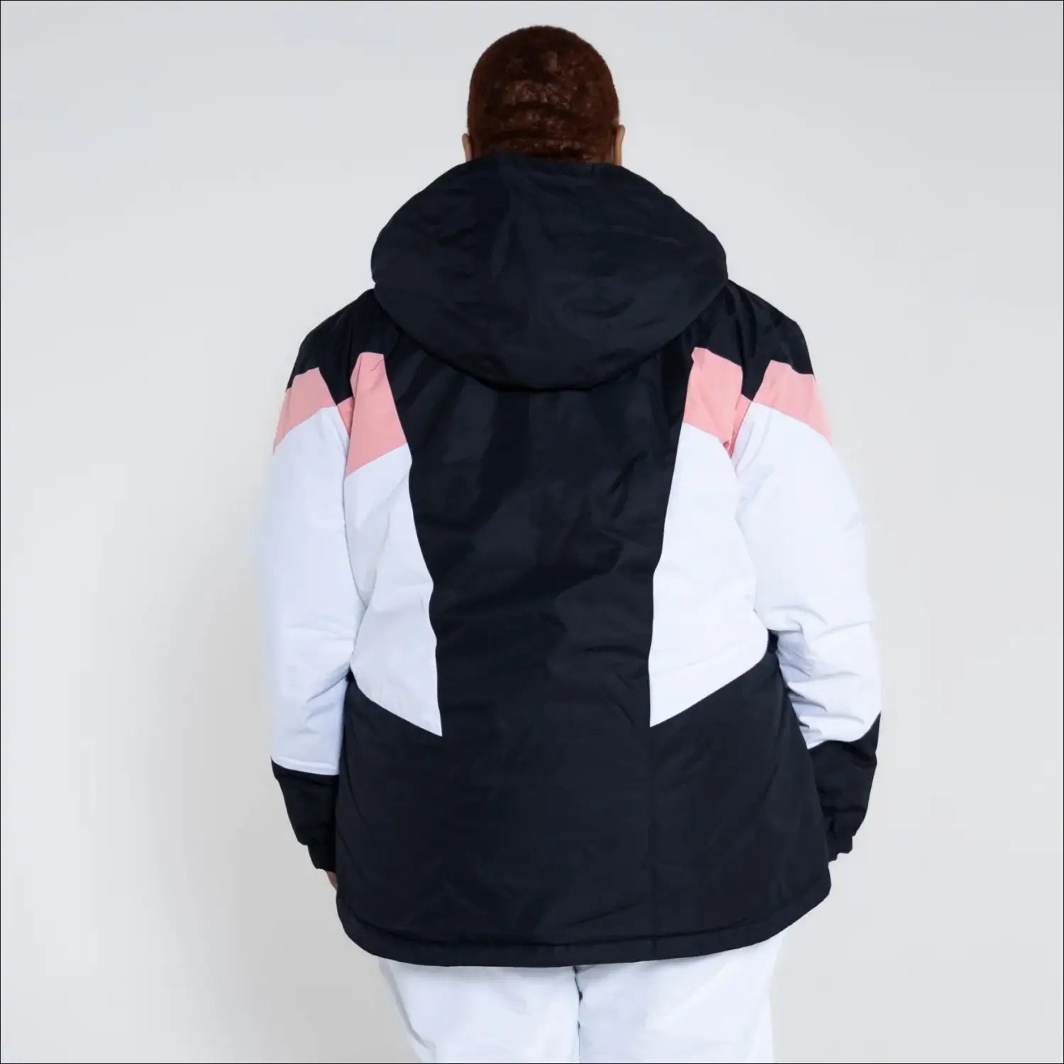 Black, white, and pink hooded winter ski jacket for women in plus sizes snow country outerwear
