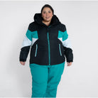 Woman in teal black and white ski suit wearing Snow Country Plus Size Winter Ski Jacket