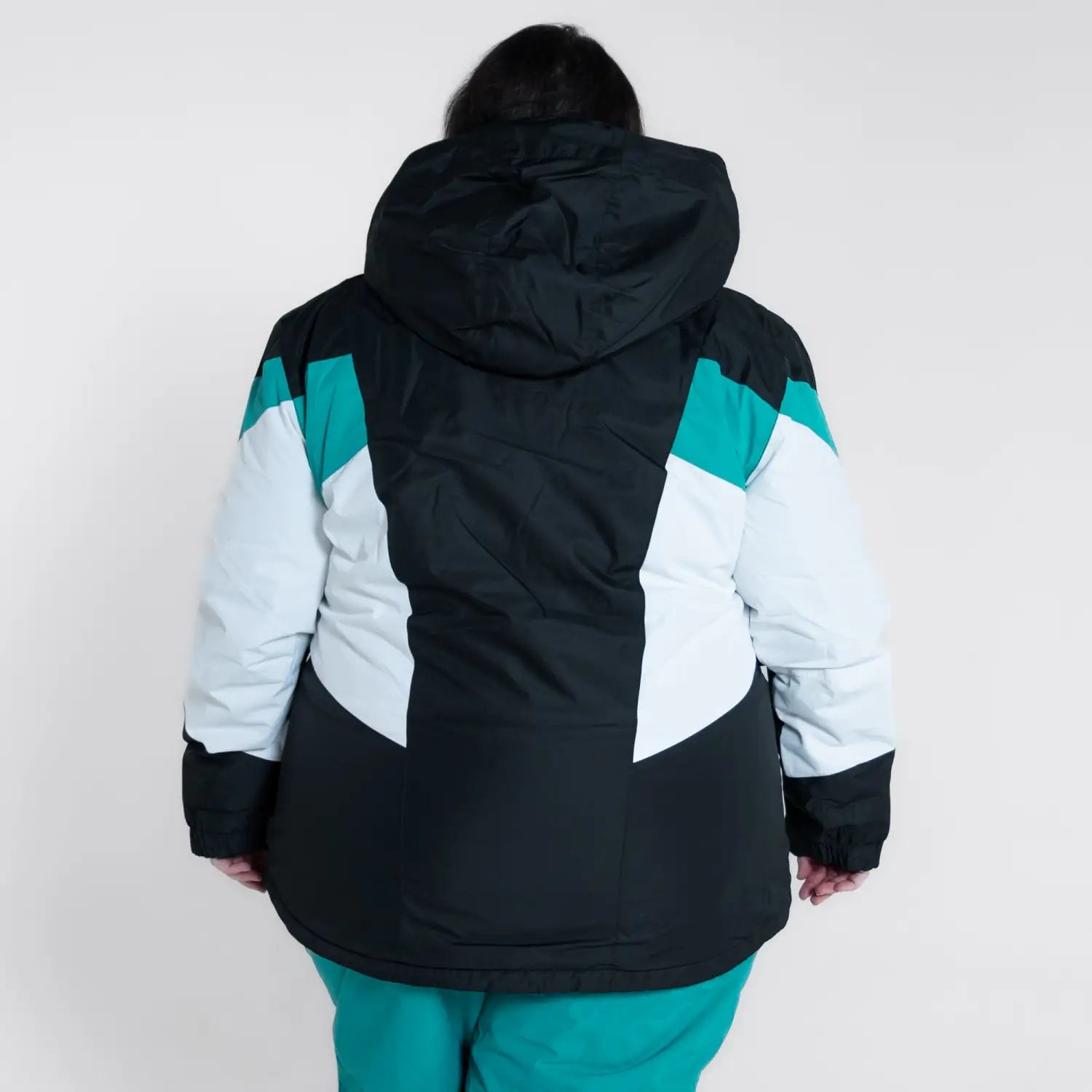 Black, white, and teal hooded winter jacket from Snow Country Outerwear for women