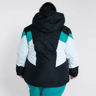 Black, white, and teal hooded winter jacket from Snow Country Outerwear for women