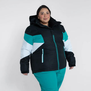 Woman wearing a color-blocked Snow Country Plus Size Ski Jacket and Pants for winter warmth