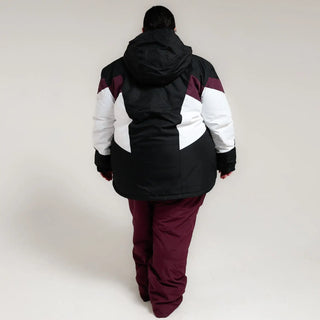 Person wearing a black, white, and burgundy Snow Country Women’s Plus Size Ski Jacket