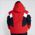 Red white and black hooded winter jacket from Snow Country Outerwear for women