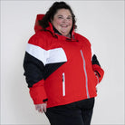Red, white, and black insulated women’s plus size ski jacket from Snow Country Outerwear