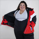 Red white and black insulated women’s ski jacket from Snow Country Outerwear