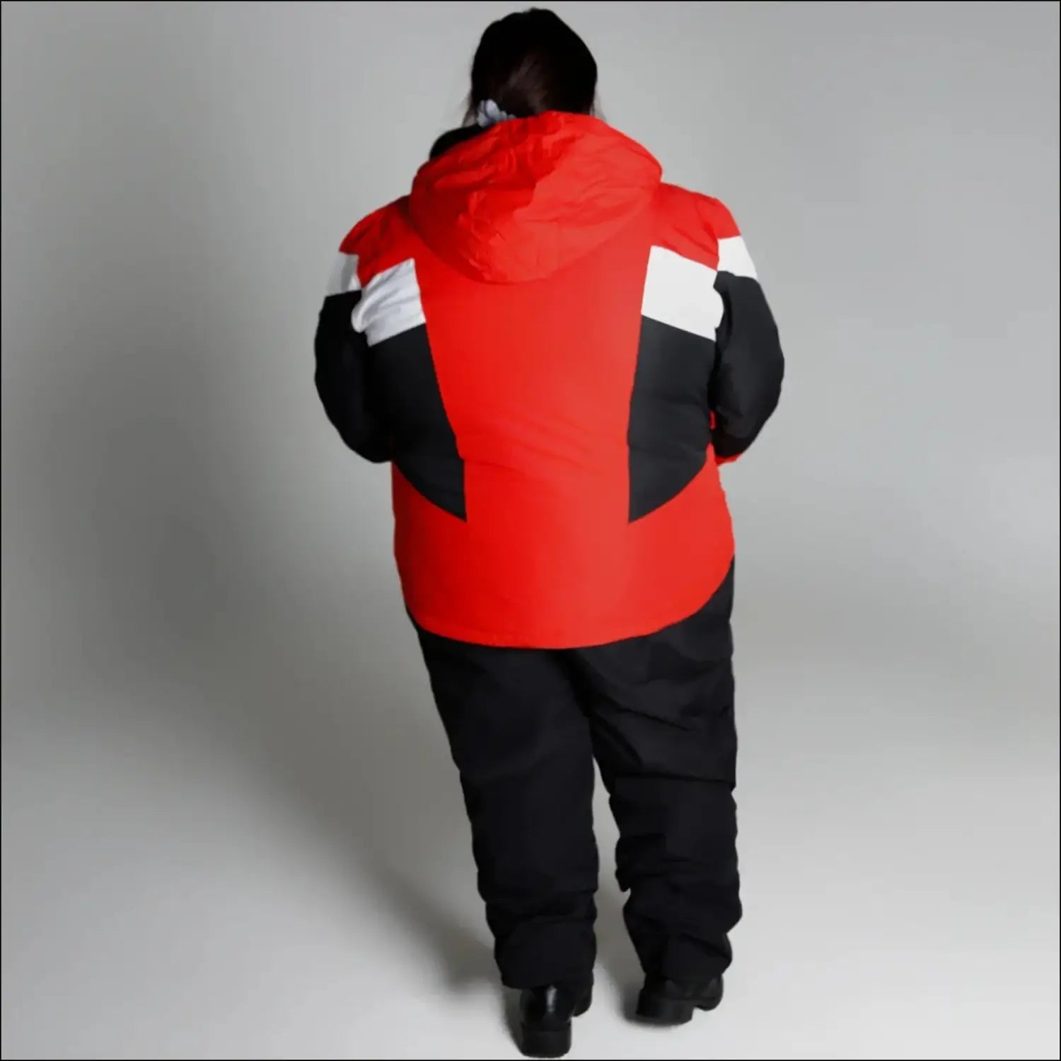 Red white and black insulated women’s ski suit from Snow Country Outerwear in plus sizes