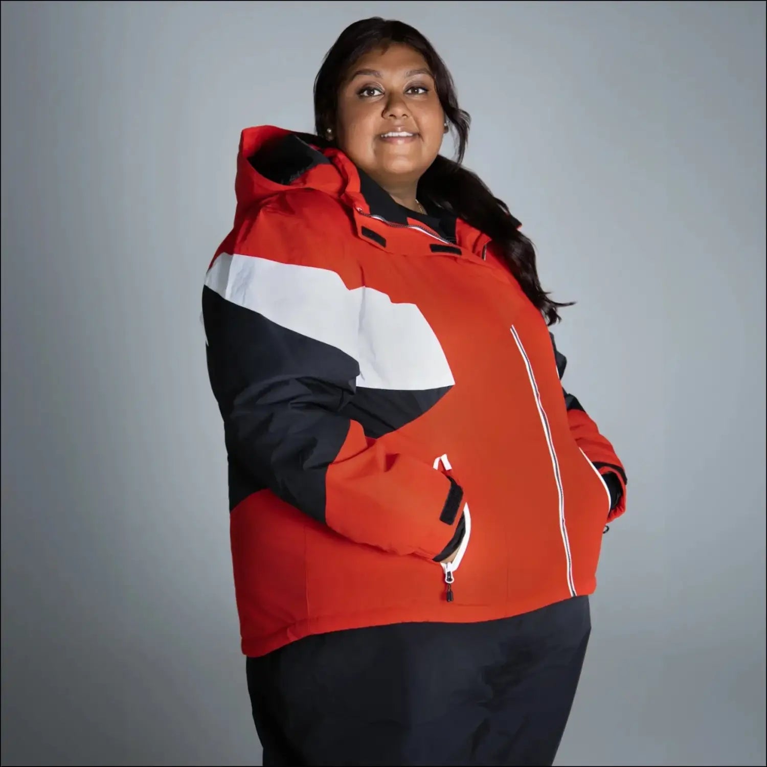 Red, white, and black Snow Country women’s plus size insulated ski jacket