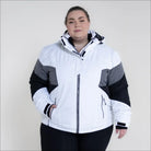 White, gray, and black hooded winter jacket from Snow Country Outerwear Plus Size Ski Coat