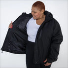 Black hooded winter jacket from Snow Country Outerwear Fortress Ski Coat for plus size women