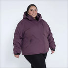 Plum-colored hooded winter jacket from Snow Country Outerwear plus size snow ski coat