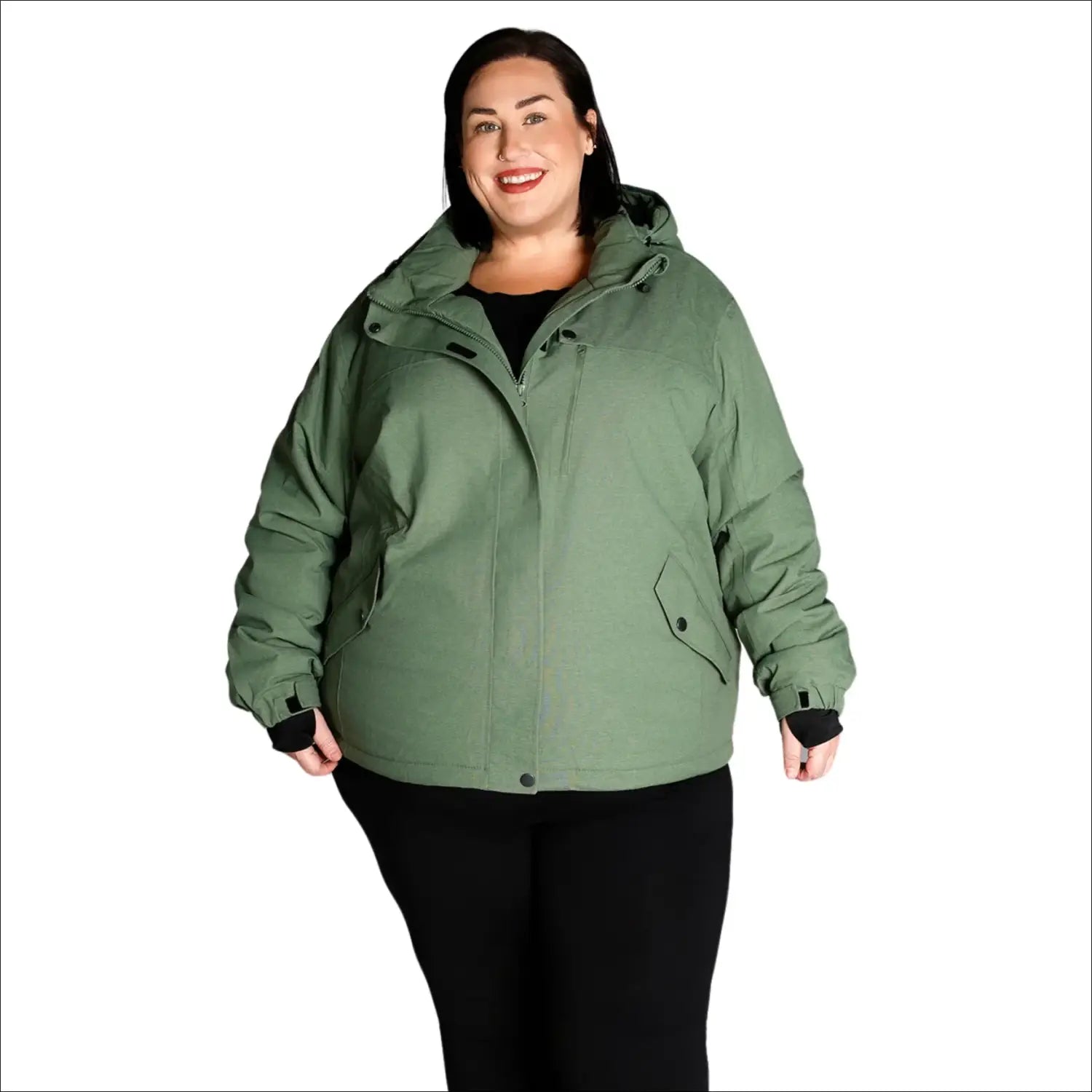 Woman wearing a green hooded jacket from Snow Country Outerwear Fortress Winter Ski Coat