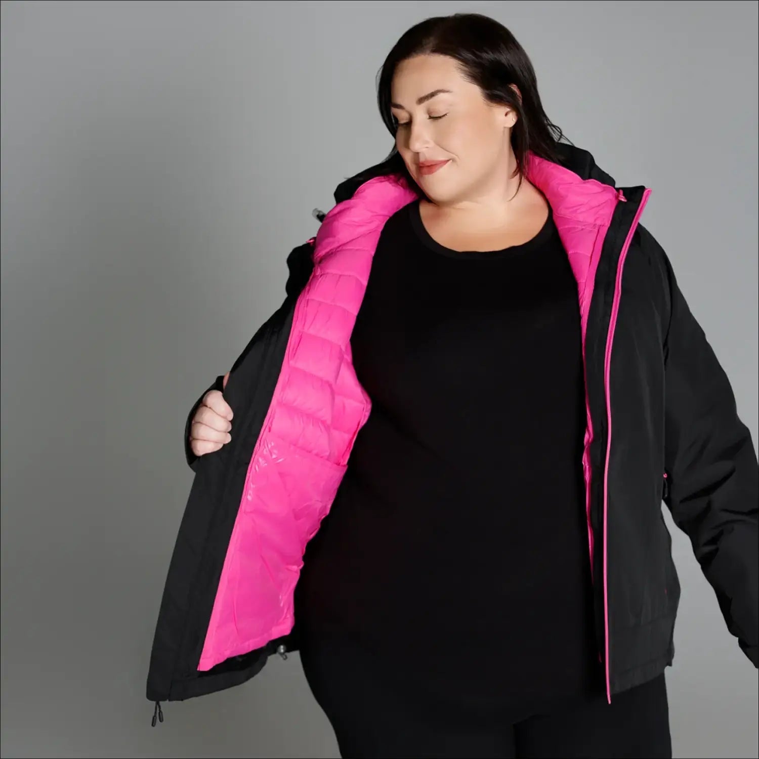 Plus size black winter coat with pink lining, 3-in-1 down alternative snow jacket