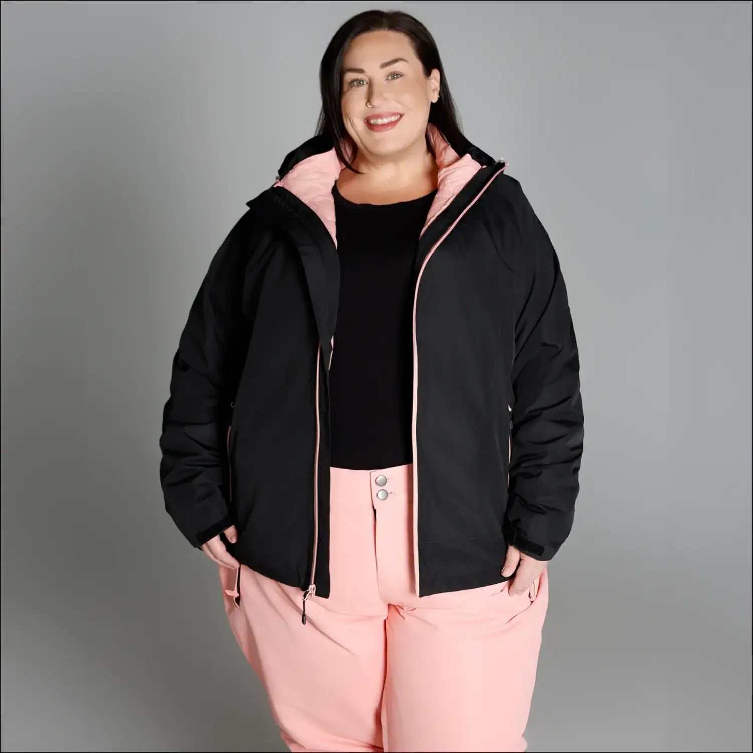 Women’s Plus Size Winter Down Alternative Ski Jacket and Pants in Black and Pink