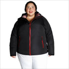 Women’s plus size winter coat with black hood and red trim for snow country outdoor wear