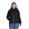 Woman wearing black puffer jacket and blue pants in Snow Country Outerwear Vail ski coat