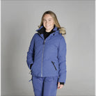 Blue down ski jacket with fur hood from Snow Country Outerwear Vail collection