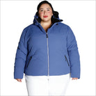 Blue hooded puffer jacket from Snow Country Outerwear Women’s Plus Size Vail Ski Coat