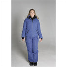 Blue ski suit with fur-trimmed hood from Snow Country Outerwear Womens Vail jacket