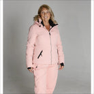 Pink ski suit with fur-trimmed hood from Snow Country Outerwear Womens Vail Down Alternative Winter Jacket