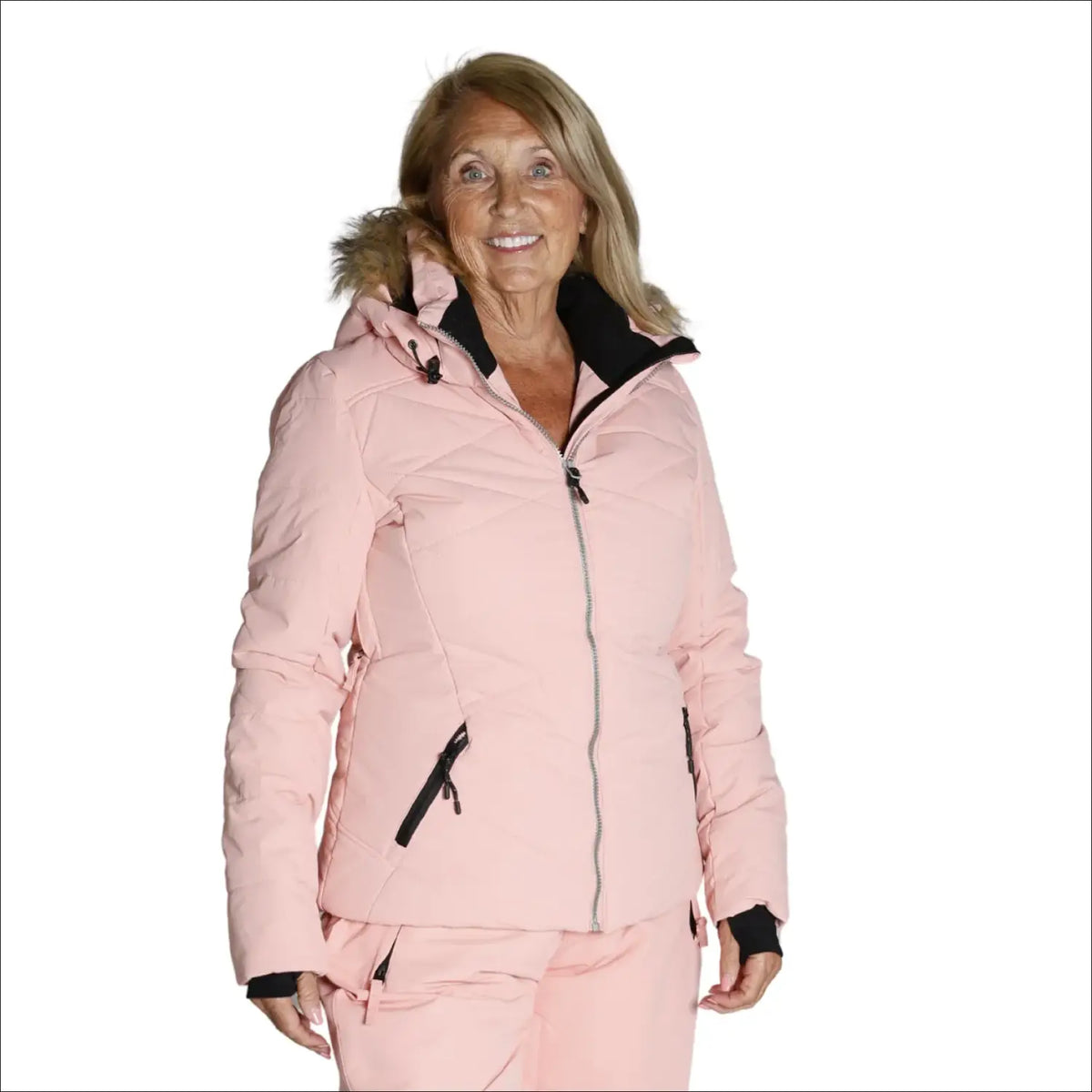 Pink winter jacket with fur hood from Snow Country Outerwear Vail ski coat collection