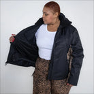 Women’s plus size leopard print and black insulated winter snow ski jacket coat