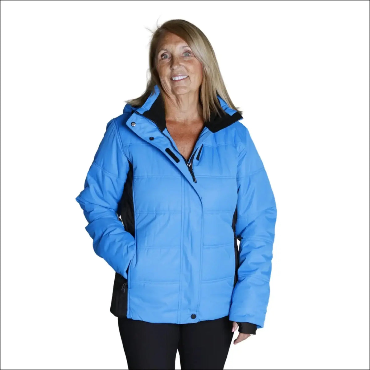 Blue and black quilted insulated winter ski jacket from Snow Country Outerwear Women’s Aspen collection