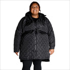 Black quilted hooded coat from Women’s Plus Size 1X-6X Savvy Transitional Long Jacket