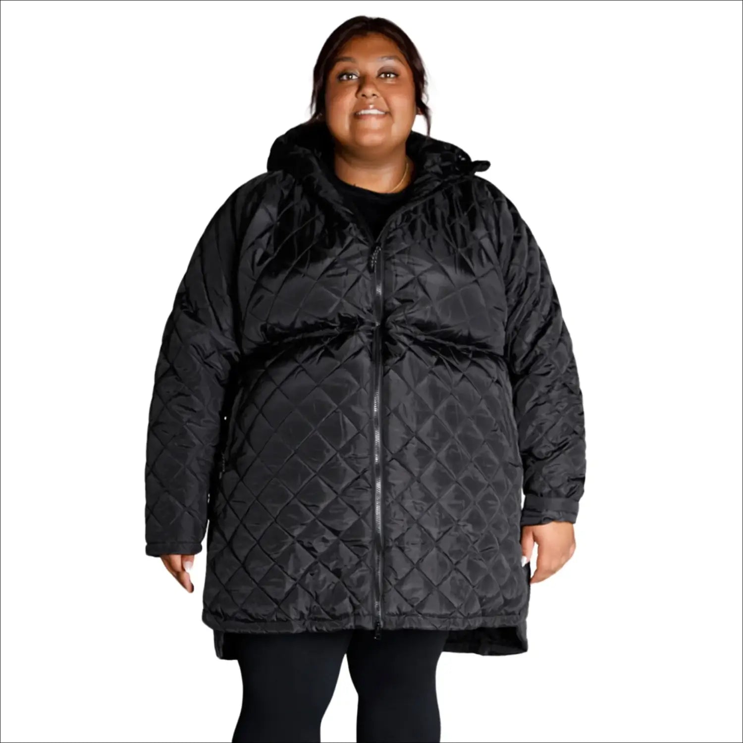Black quilted hooded coat from Women’s Plus Size 1X-6X Savvy Transitional Long Jacket