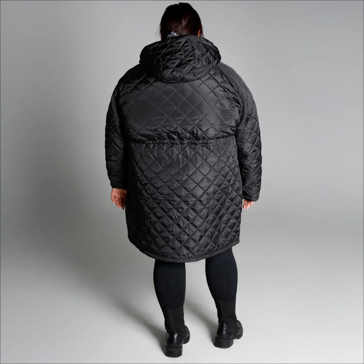 Black quilted hooded coat from Women’s Plus Size Quilted Long Jacket collection
