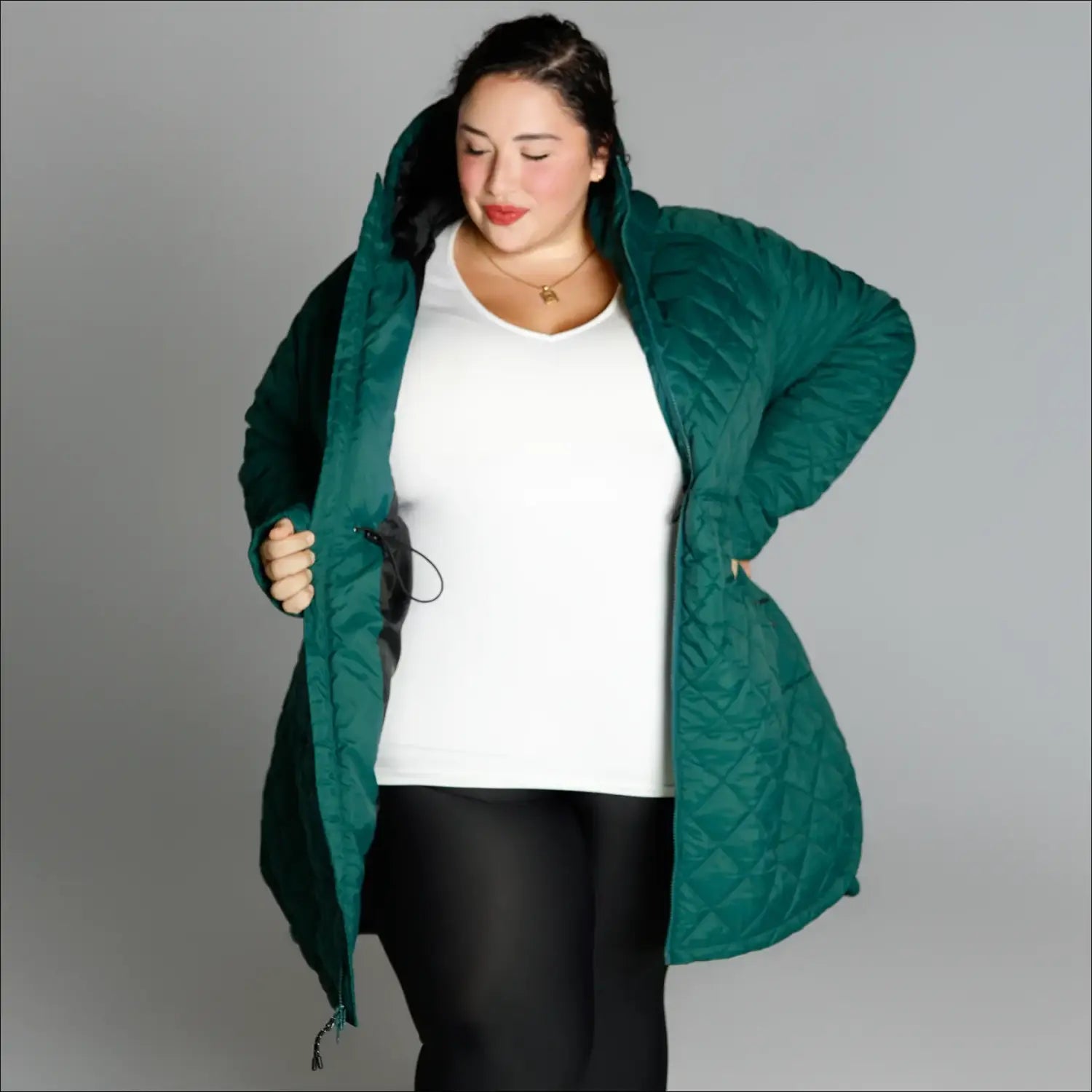 Green quilted hooded coat from Women’s Plus Size 1X-6X Savvy Transitional Long Jacket