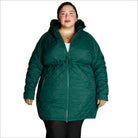 Green quilted puffer coat women’s plus size transitional long jacket for winter warmth
