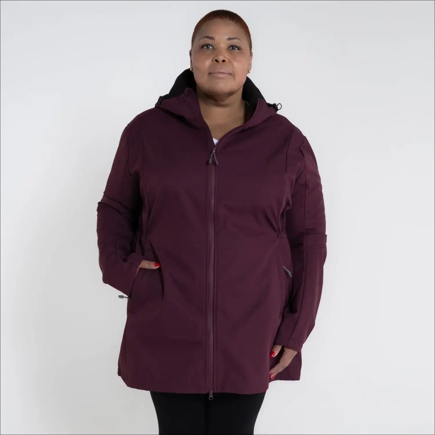 Burgundy hooded softshell jacket for women’s plus size Stowe 1X-6X mid length outdoor wear