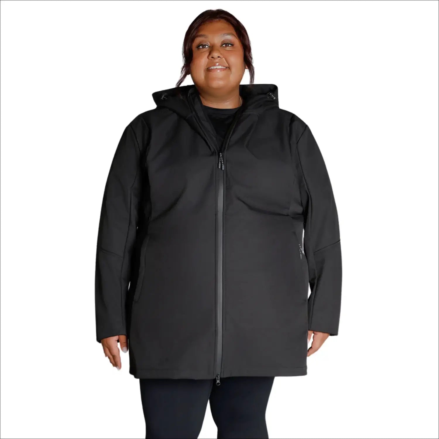 Black hooded raincoat from Women’s Plus Size Stowe Mid Length Soft Shell Jacket