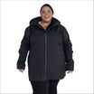 Black hooded rain jacket from Women’s Plus Size Stowe Mid Length Soft Shell Jacket