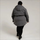 Gray hooded parka from Women’s Plus Size Stowe Mid Length Soft Shell Jacket collection