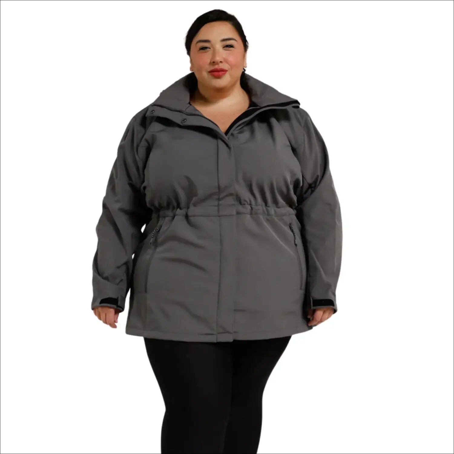 Woman wearing a gray Plus Size Stowe 1X-6X Mid Length Soft Shell Jacket
