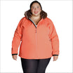 Coral-colored winter jacket with fur-trimmed hood from Womens Plus Size Alta Faux Fur Coat