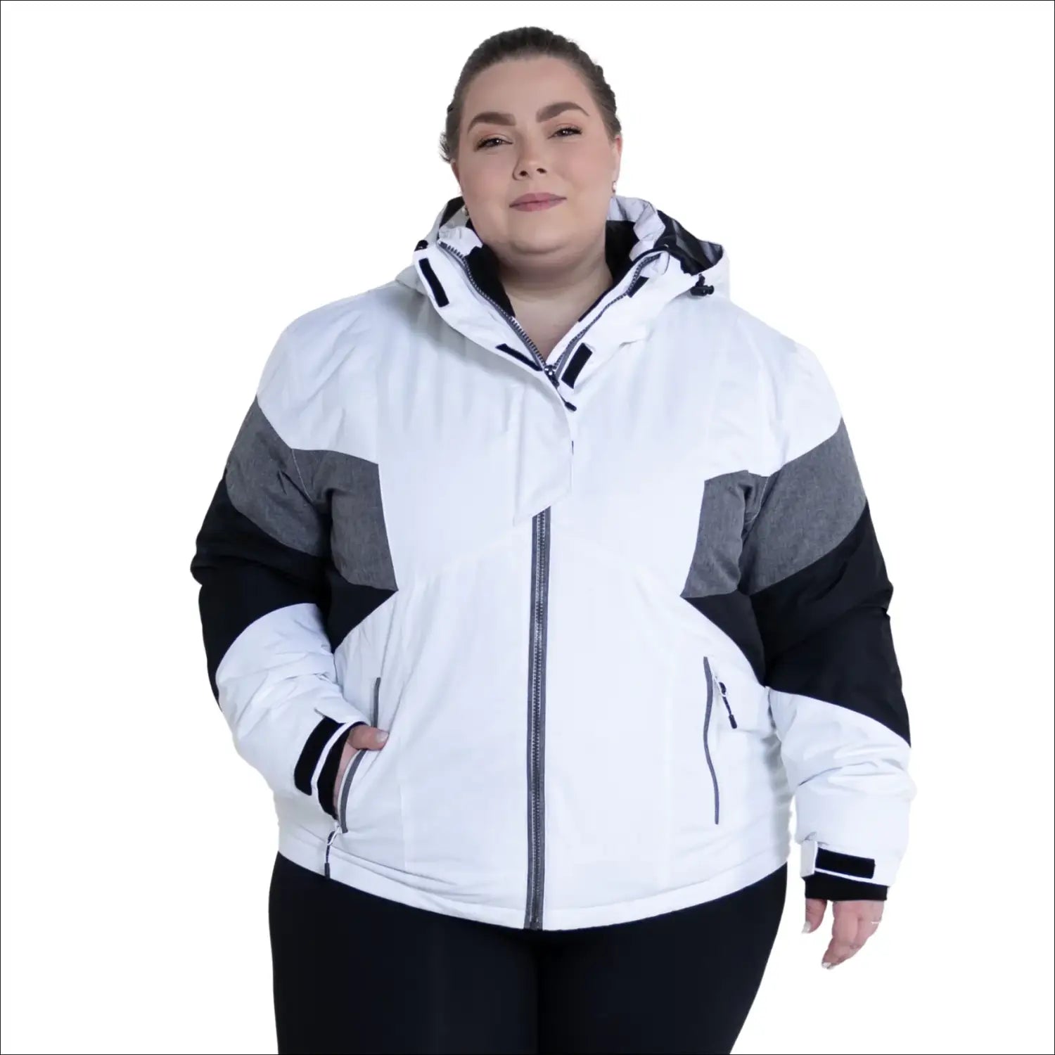 White gray and black hooded winter jacket from Snow Country Outerwear for women