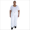 Woman wearing white ski pants and t-shirt in Snow Country Outerwear plus size insulated ski pants