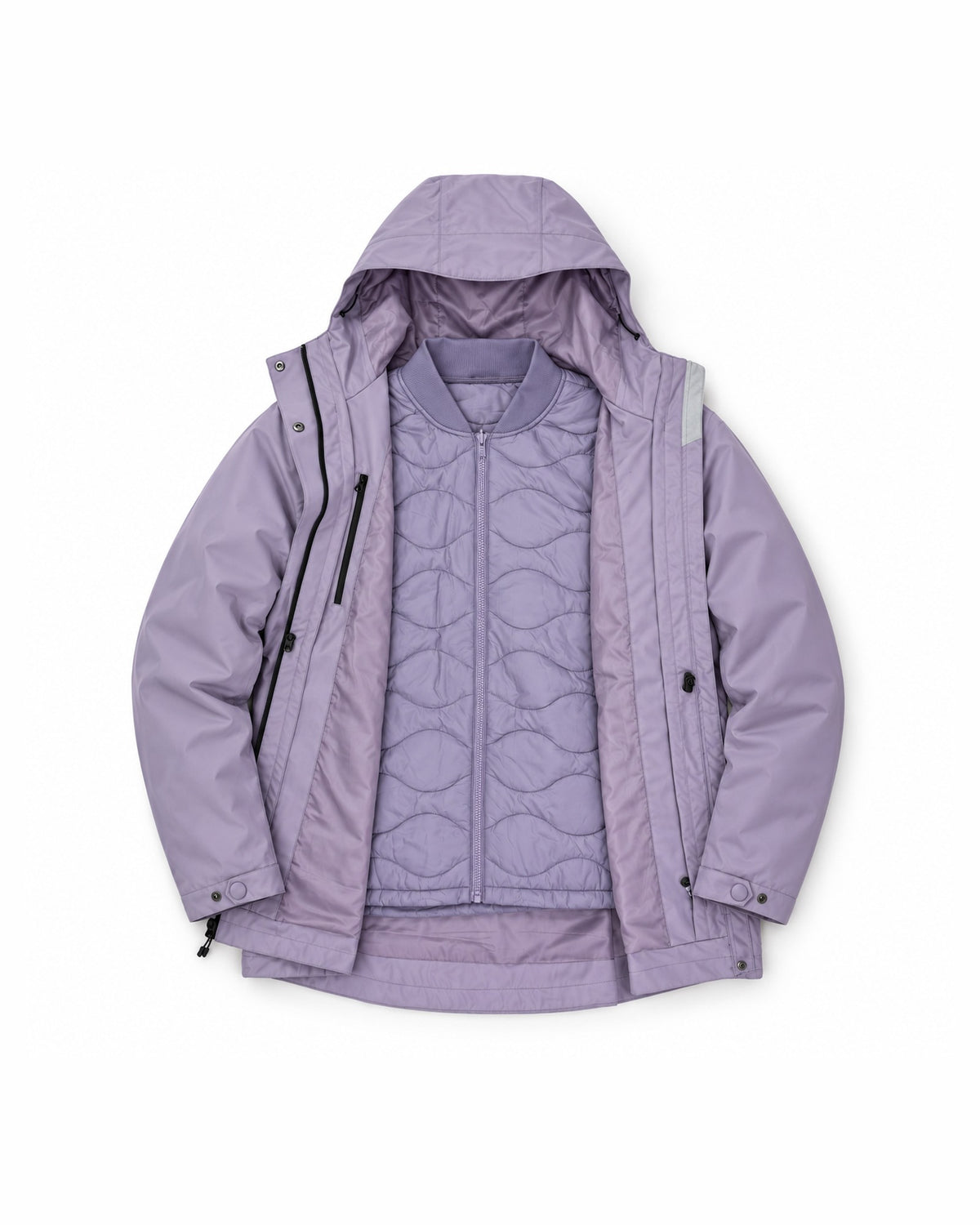 Lavender Swiss Systems women's plus size 3 in 1 winter jacket, open with the removable quilted liner zipped in