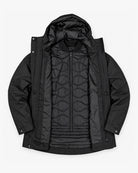Black Swiss Systems women's plus size 3 in 1 winter jacket, flat lay, open with the removable quilted liner zipped in