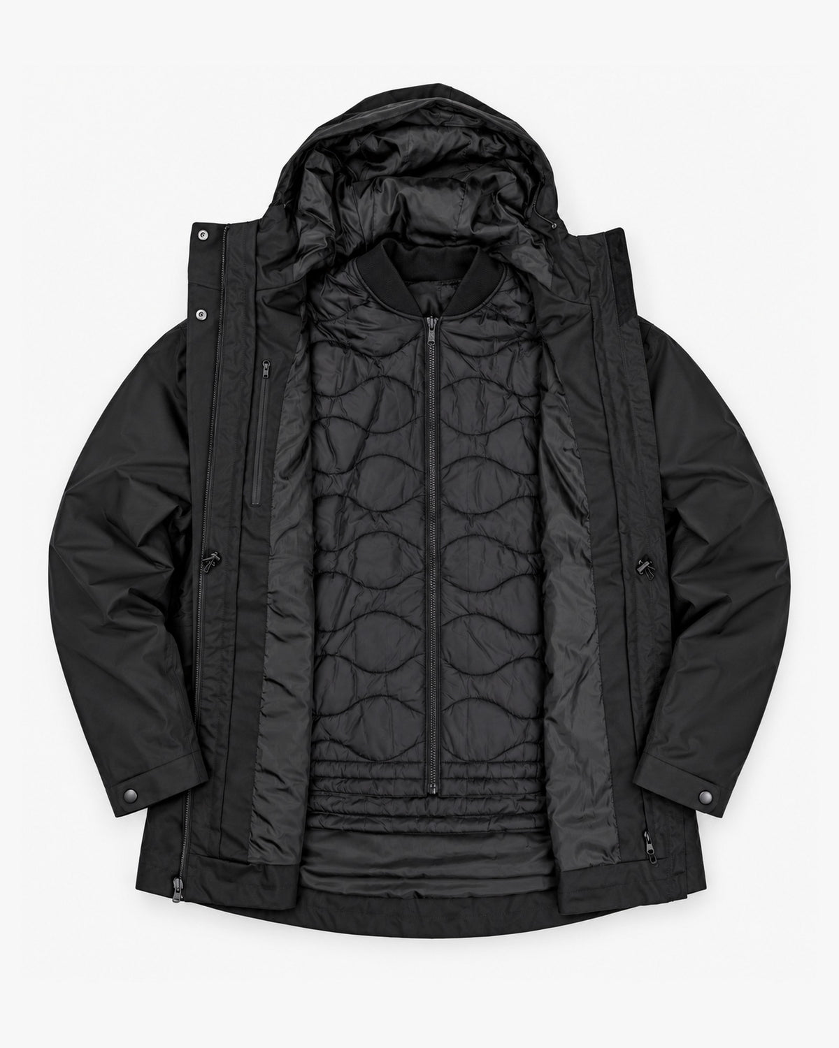 Black Swiss Systems women's plus size 3 in 1 winter jacket, flat lay, open with the removable quilted liner zipped in