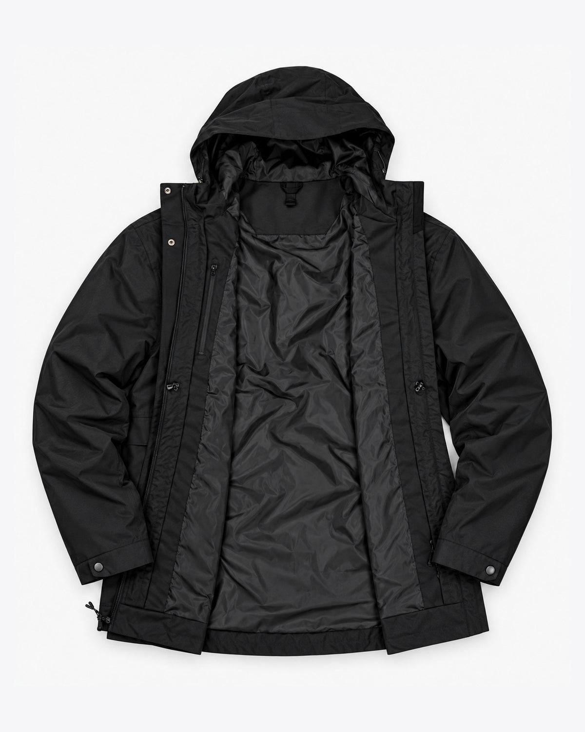Black Swiss Systems women's plus size 3 in 1 winter jacket, flat lay, shell open without the liner